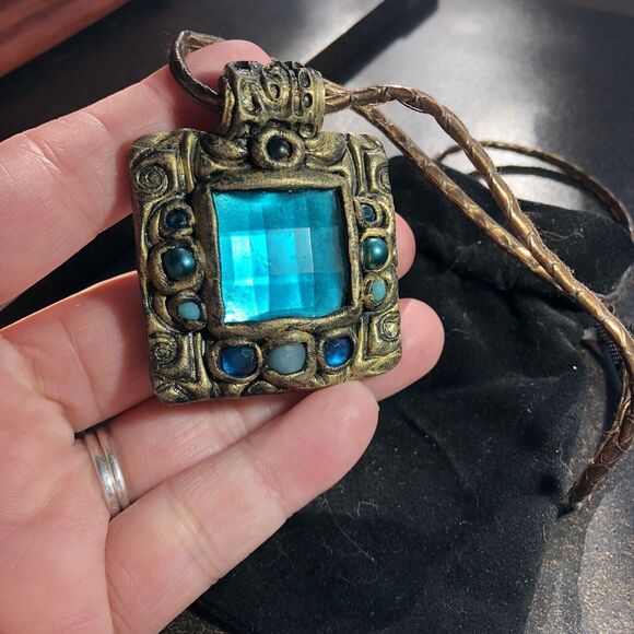 Teal Victorian Square Pendant Medieval Inspired. Artisans Made And Signed - Picture 6 of 12